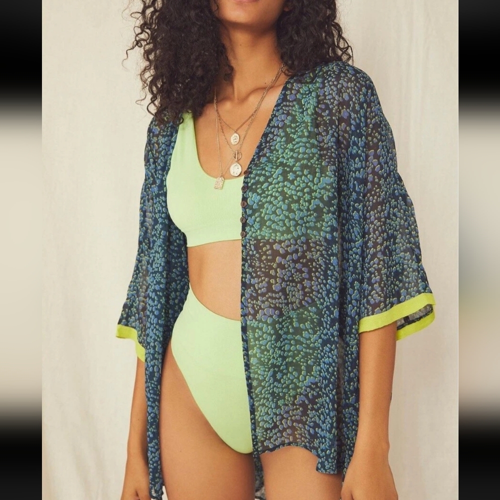 NEW Free People Cover Up Sheer Blue Yellow Oversized Kimono Top M
